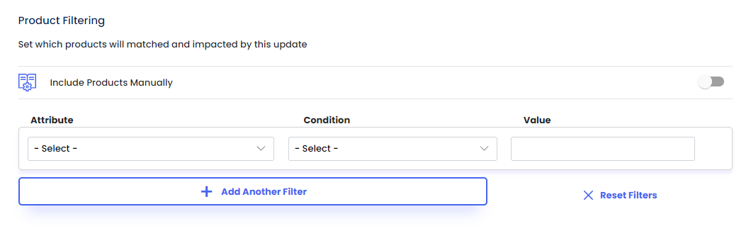 Screenshot of product filtering option in Bevy Sales Rules
