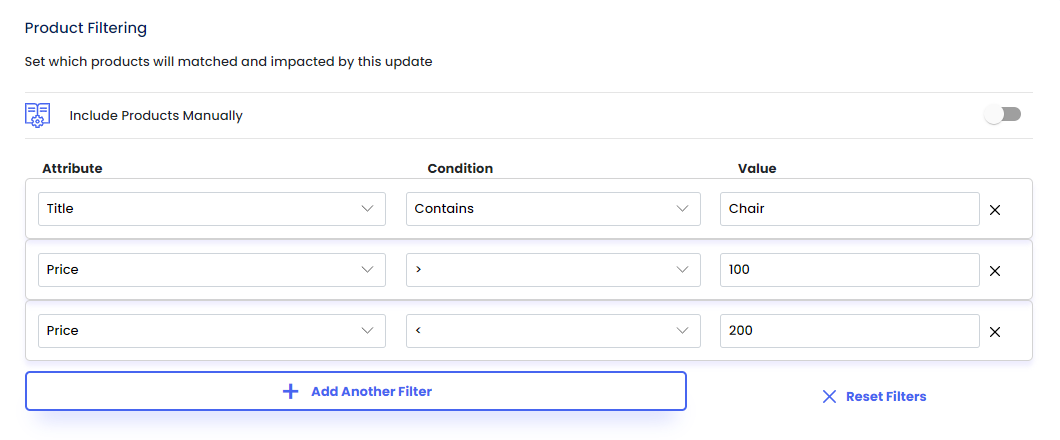 Screenshot of product filtering option in Bevy Design