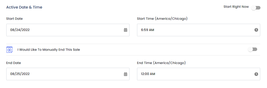 Screenshot of sale scheduling in Bevy Sales Rules