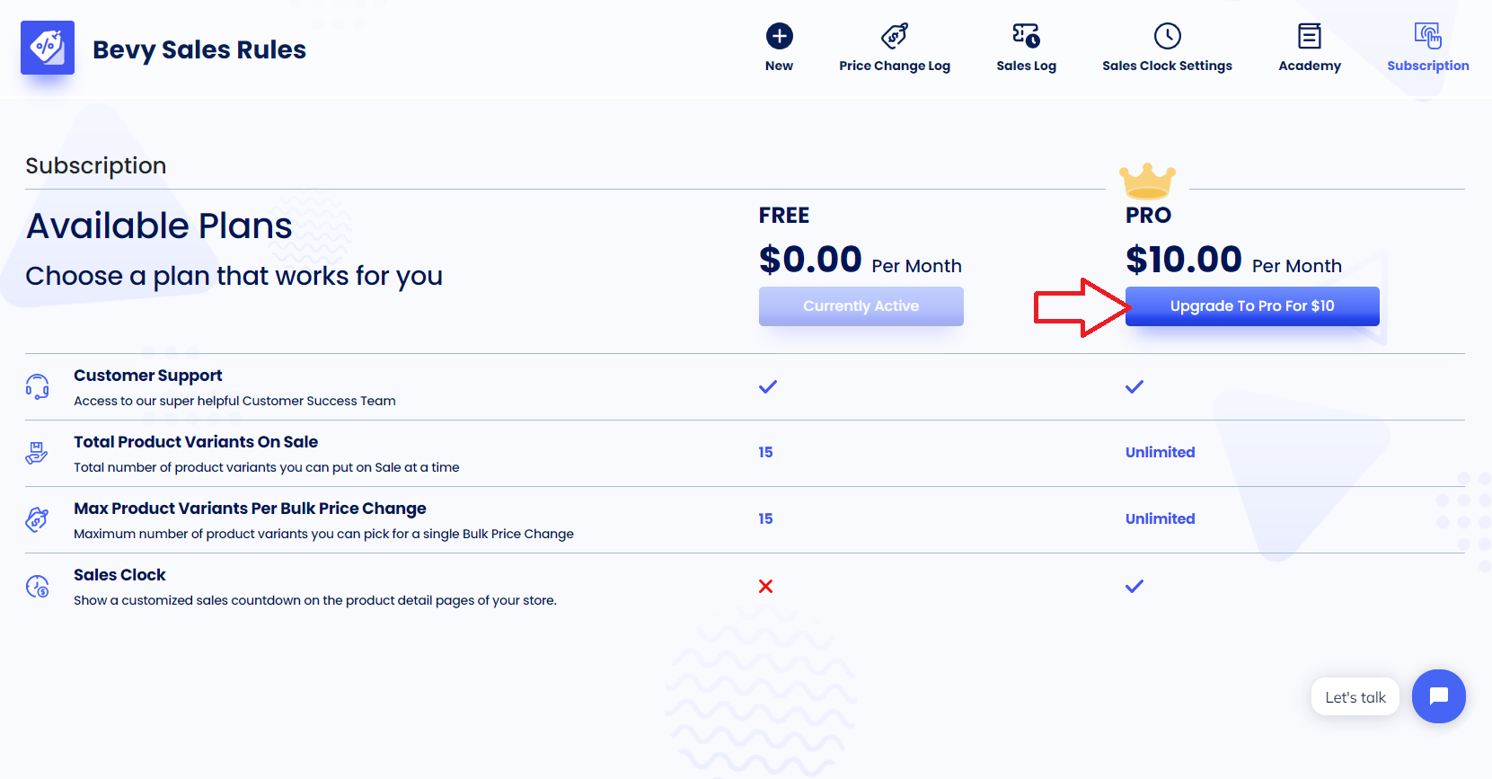 Screenshot of Bevy Sales Rules Subscription Page-Switching To PRO Plan