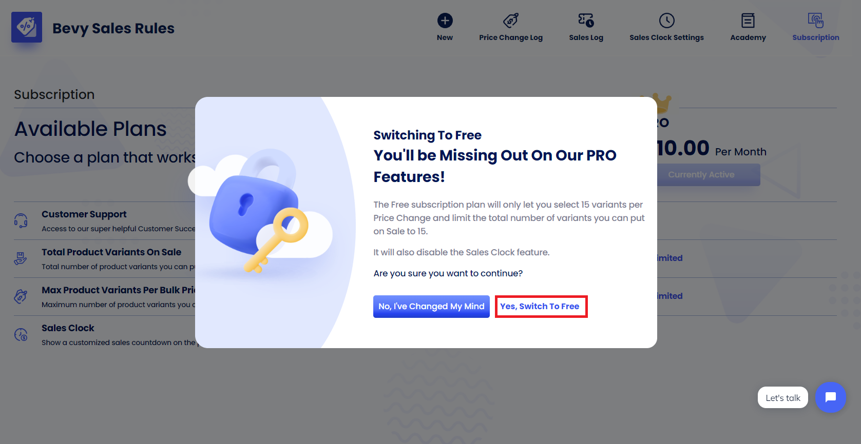 Screenshot of Bevy Sales Rules Subscription Page-Clicking on Yes, Switch To Free